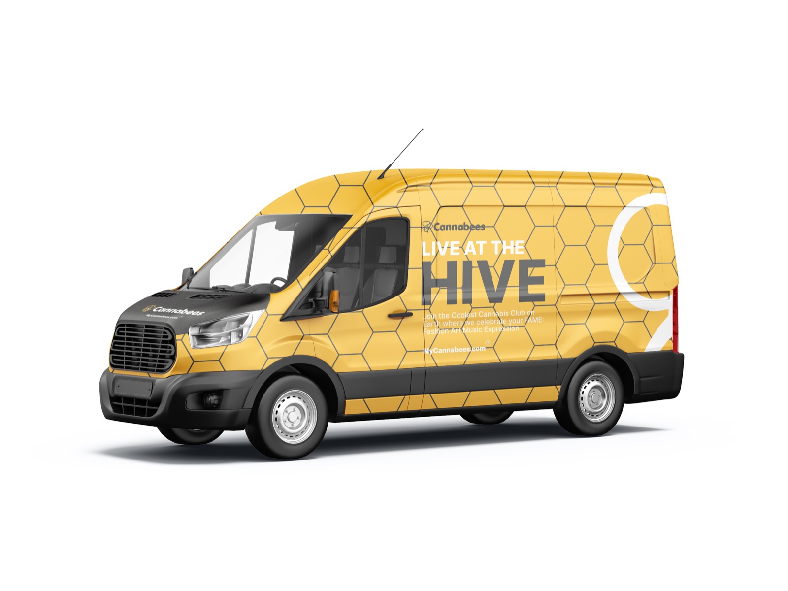 Branded yellow Cannabees van